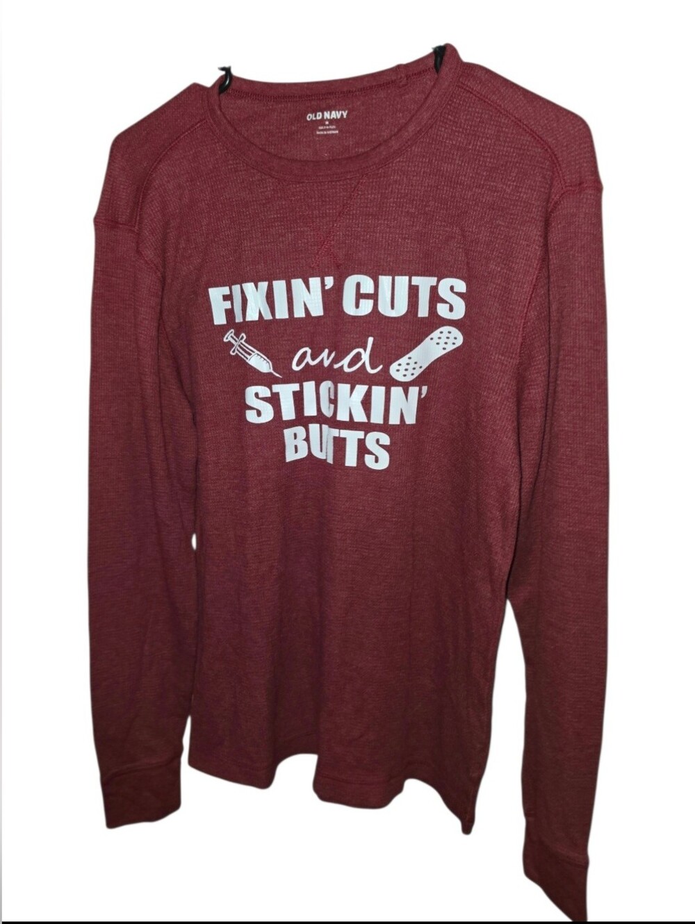 8/11/33. Old Navy Men's Maroon Graphic Long-Sleeve Shirt - Fixin' Cuts Print